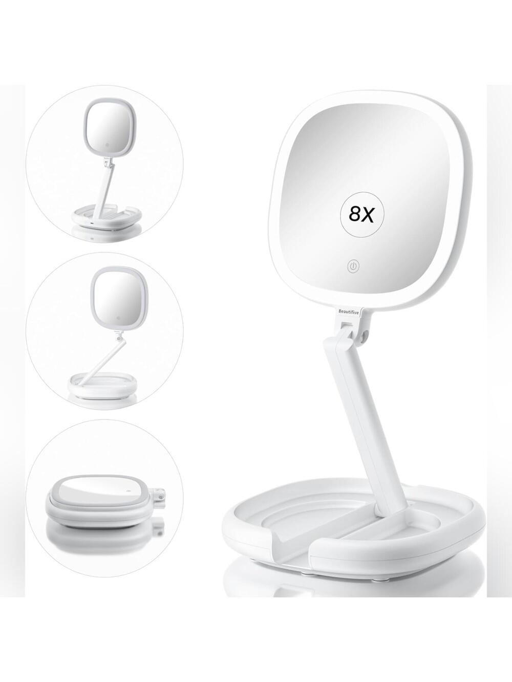 NIB 6.3" Makeup Mirror, 1X/8X Magnification, 3 Light Modes, Plug-in or Battery